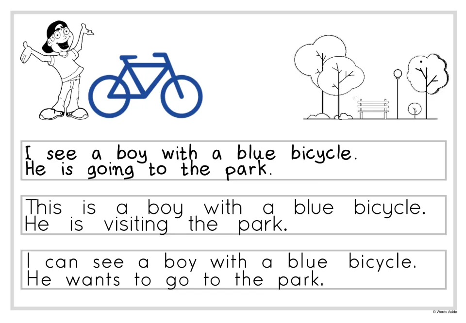 Two-sentence reading: a boy, blue bicycle and park scene with lines like He is going to the park and He is visiting the park