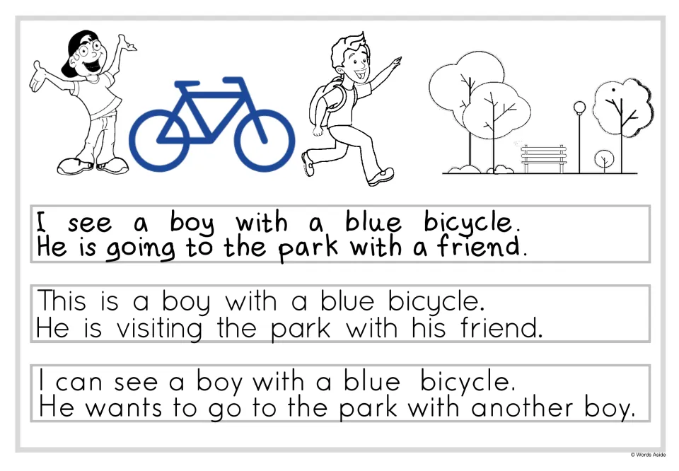 Reading about a boy going to the park with a friend: two-sentence sets matched to pictures of two boys, a bicycle and a park