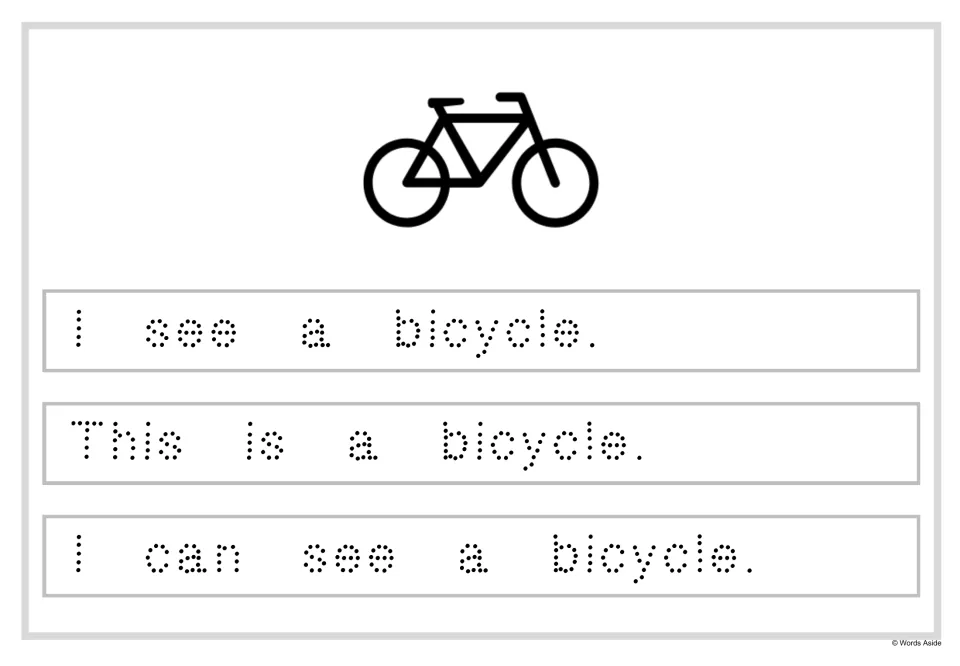 Sentence tracing: students trace dotted letters for I see a bicycle, This is a bicycle and I can see a bicycle
