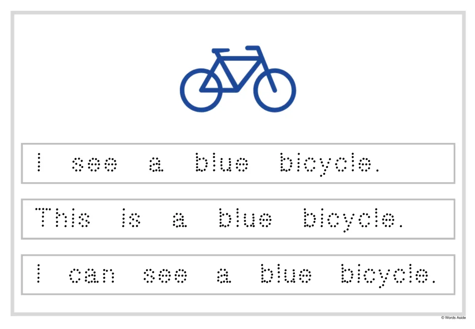 Tracing color-word sentences: students trace dotted text for I see a blue bicycle and two similar lines under a blue bike