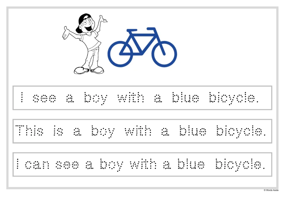 Handwriting practice: students trace three dotted sentences about a boy with a blue bicycle, shown in the pictures above