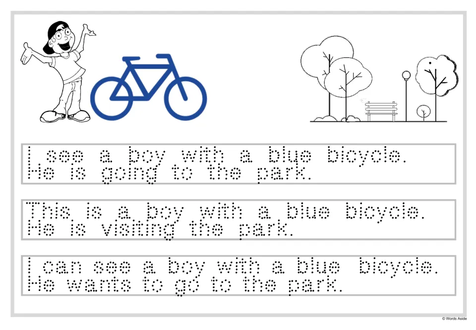 Tracing two-sentence sets: students trace dotted text about a boy with a blue bicycle who is going to or visiting the park