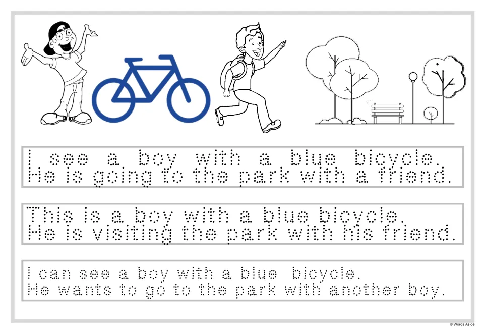 Tracing sentences about two boys at the park: students trace dotted text ending with a friend, his friend and another boy