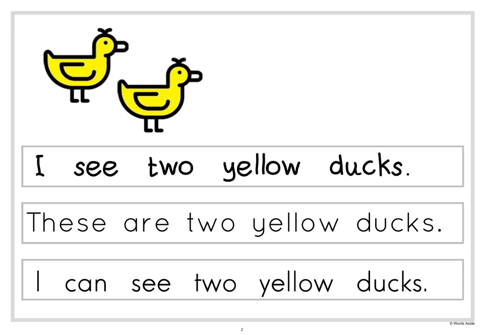 Adding a color word: students read three sentences about two yellow ducks, such as I can see two yellow ducks