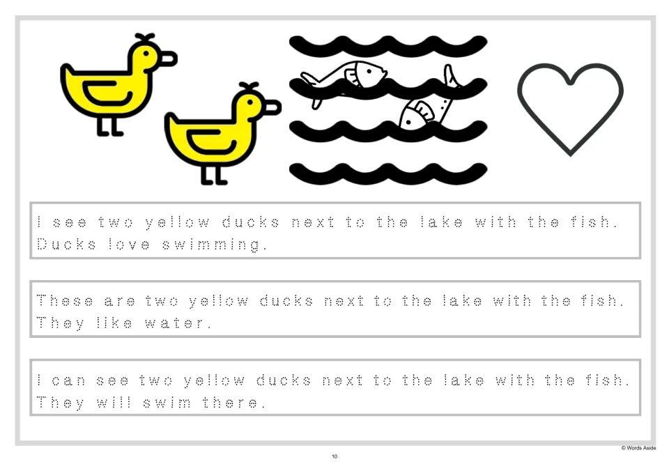 Ducks, lake, fish and heart pictures: students trace dotted pairs of sentences, e.g. Ducks love swimming