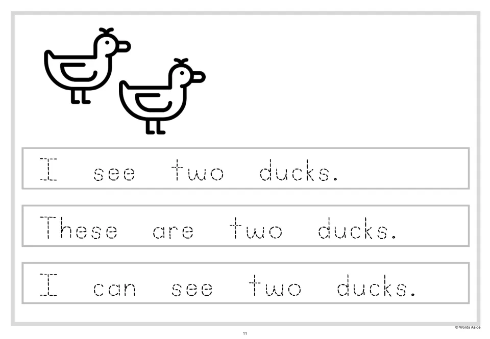 Handwriting practice: students trace dashed letters of I see two ducks, These are two ducks and I can see two ducks