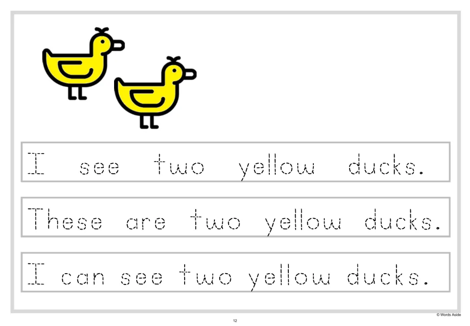 Tracing a color word: students trace dashed sentences about two yellow ducks, including These are two yellow ducks