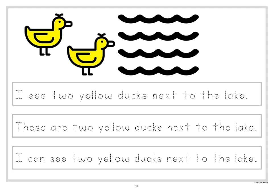 Where are the ducks? Students trace three sentences that add a place: I see two yellow ducks next to the lake