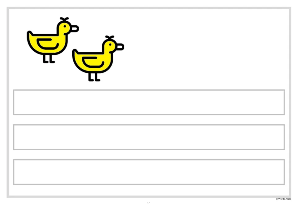 Write about two yellow ducks: students compose three sentences of their own beside the yellow duck picture