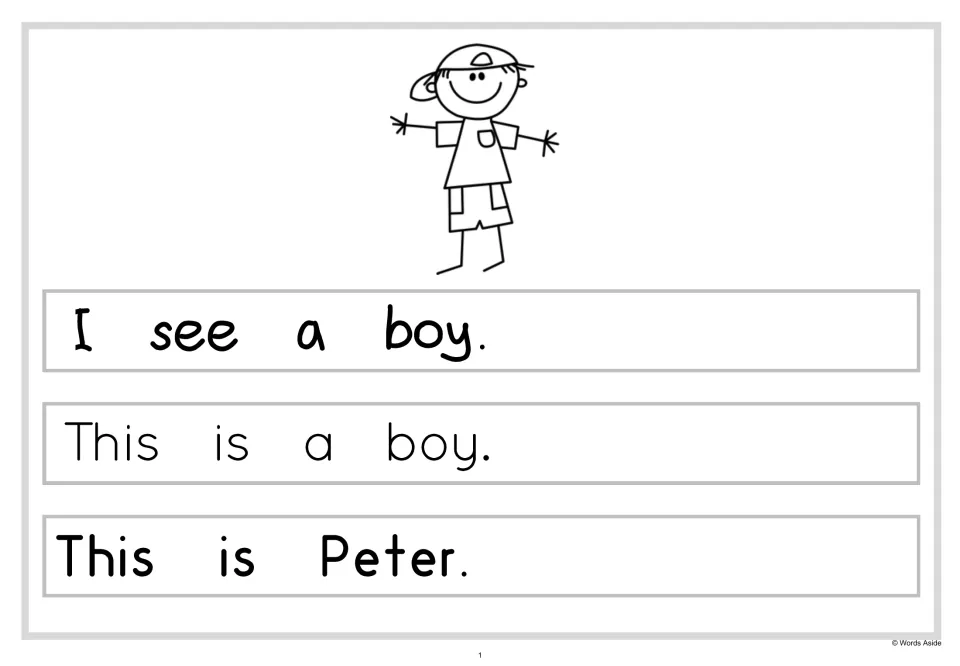 Simple sentence reading: students read "I see a boy.", "This is a boy." and "This is Peter." beside a stick-figure boy