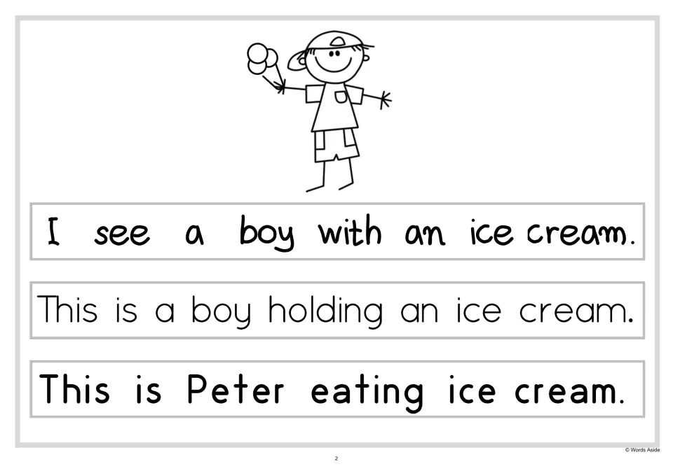Expanding sentences: students read three sentences about a boy with an ice cream, such as "Peter eating ice cream"