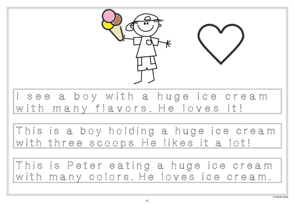 Dotted-letter tracing: students trace three longer ice cream sentences such as "He loves it!" beside a boy and a heart