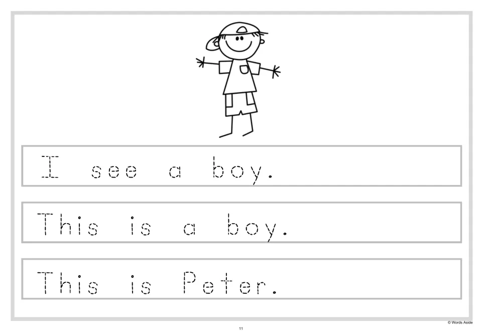 Dashed-letter tracing of the boy sentences: students trace "I see a boy.", "This is a boy." and "This is Peter."