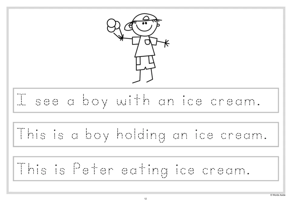 Tracing ice cream sentences: students trace "I see a boy with an ice cream." and two more about Peter eating it