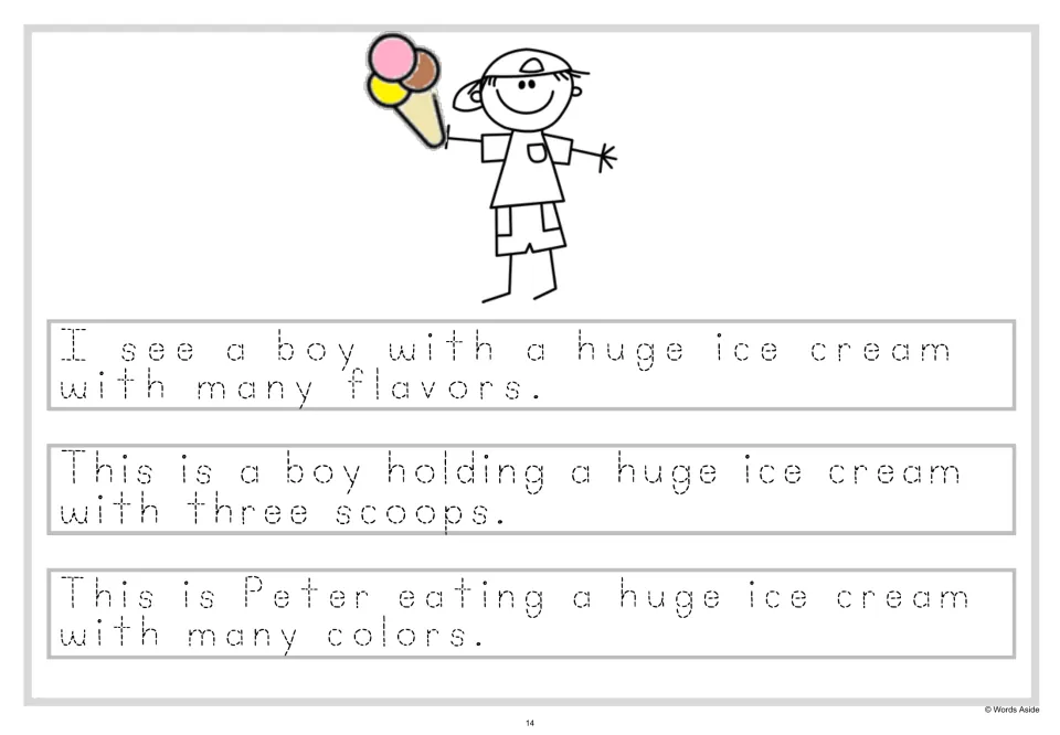 Adding detail: students trace huge ice cream sentences ending "with many flavors", "three scoops" and "many colors"