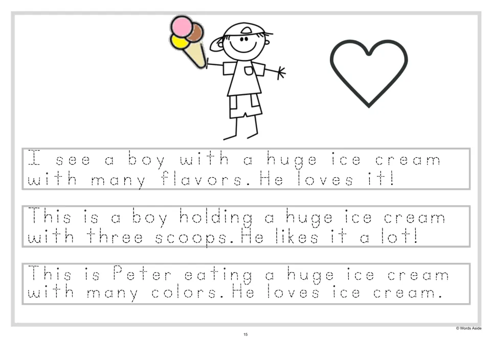 Two-sentence tracing: students trace the ice cream sentences plus "He loves it!" and "He likes it a lot!" by a heart