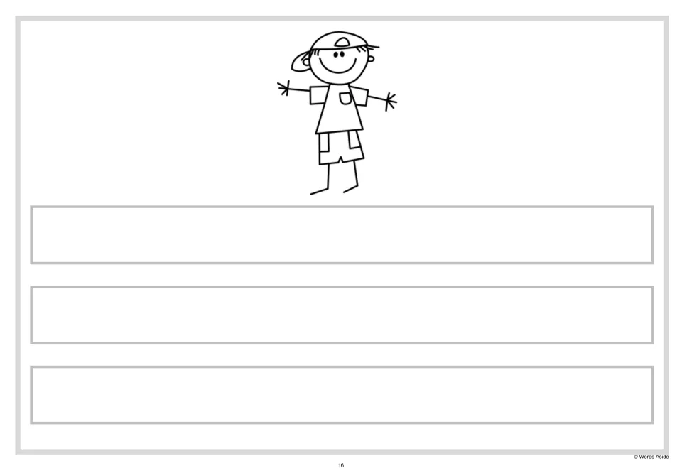 Independent writing: students write three of their own sentences about the smiling stick-figure boy in a cap