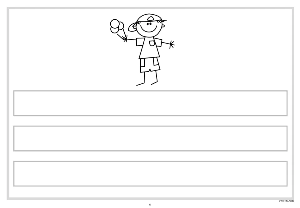 Write your own sentences: students compose three sentences about the boy holding an ice cream with no text to copy