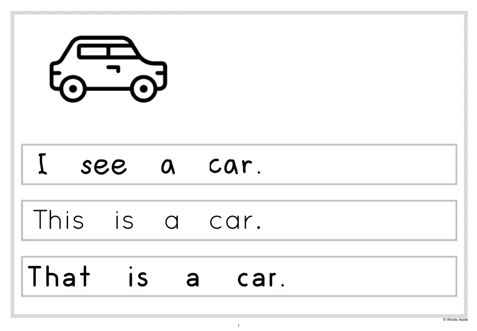 Simple sentence reading card with a car outline: students read I see a car, This is a car and That is a car
