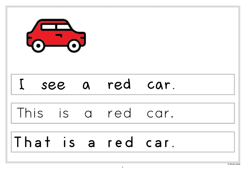 Adding a color word: students read I see a red car, This is a red car and That is a red car beside a red car picture