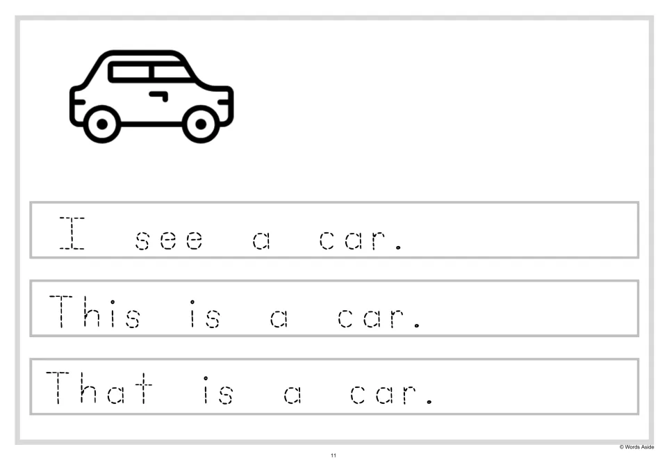 Sentence tracing with a car outline: students trace I see a car, This is a car and That is a car in dashed letters