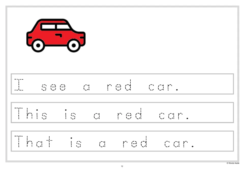 Tracing color-word sentences: students trace I see a red car, This is a red car and That is a red car in dashed letters
