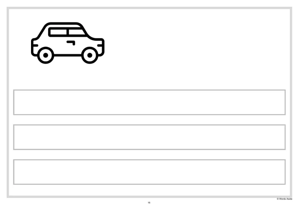 Independent sentence writing: students write three sentences of their own about the car outline