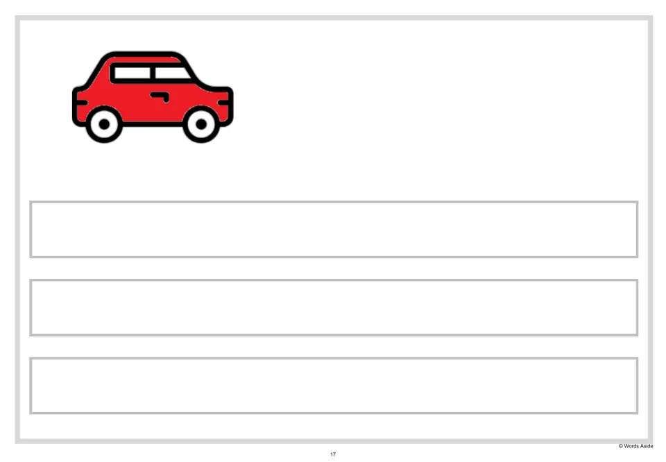 Blank writing card for the red car: students write three sentences of their own beneath the picture