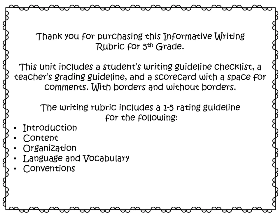 Thank-you note listing the contents and the 1-5 rating areas: introduction, content, organization, language, conventions