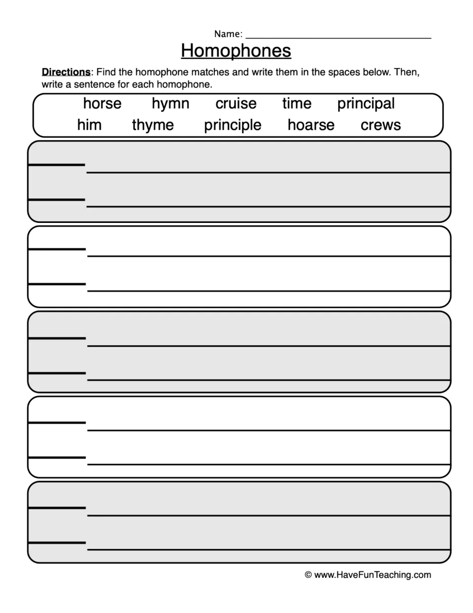 Homophones: students pair words like horse/hoarse, hymn/him and time/thyme, then write a sentence using each word