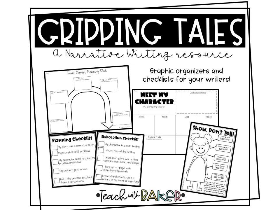 Gripping Tales narrative writing cover previewing story planning sheets, a character organizer and two writing checklists