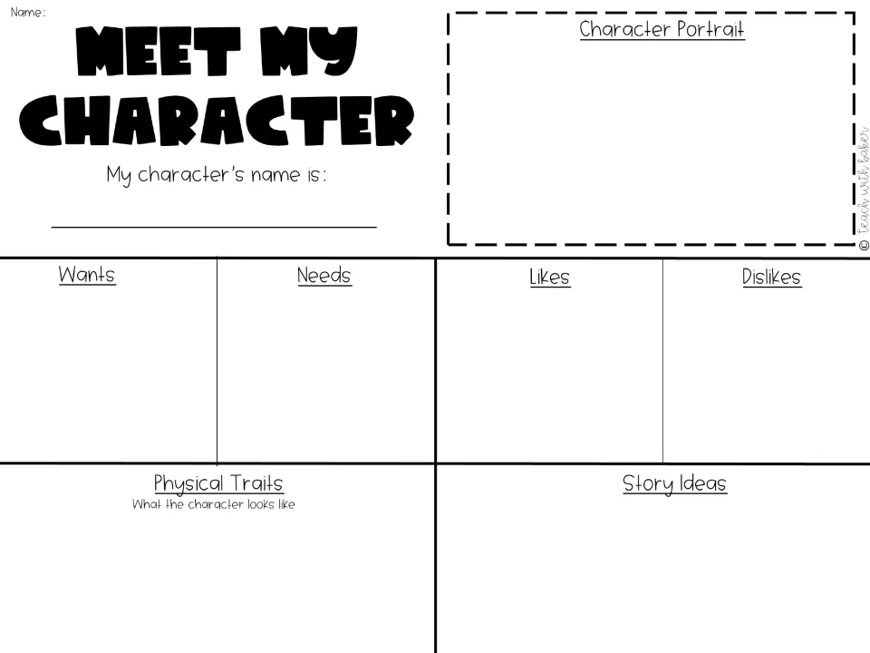 Meet My Character: students name a character, draw it and note wants, needs, likes, dislikes, traits and story ideas