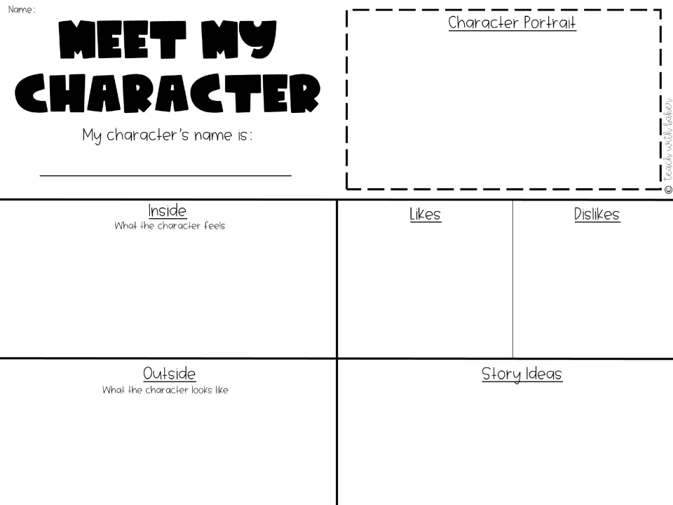 Meet My Character, inside and outside version: students record what the character feels and looks like, likes and dislikes
