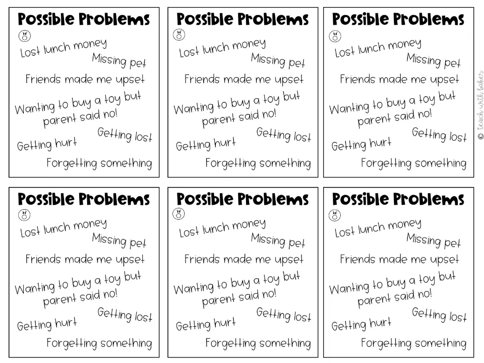 Possible Problems cards: students pick a story problem such as lost lunch money, missing pet, getting lost or getting hurt