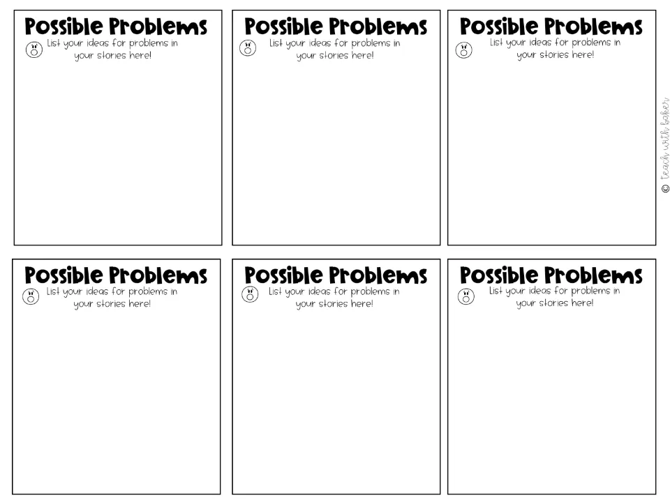Six blank Possible Problems cards where students list their own ideas for problems to use in their stories