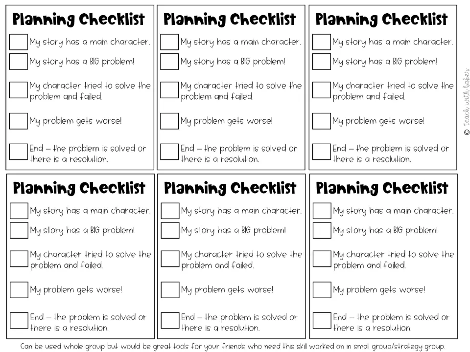 Planning Checklist cards: students check for a main character, a big problem, a failed try, a worse problem and an ending