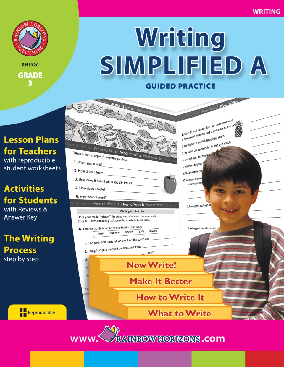 Writing Simplified A, Grade 3 cover: lesson plans, student worksheets, answer key and the four writing steps