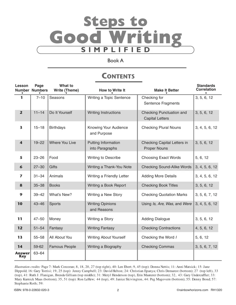Contents of Book A: 14 lessons listing theme, writing skill, editing skill and standards, from Seasons to Famous People