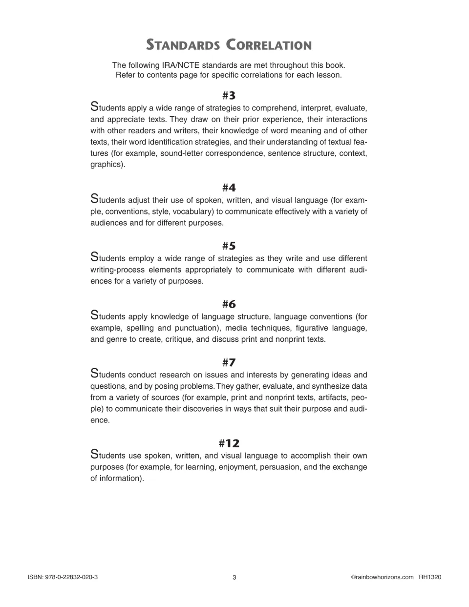 Standards correlation: text of IRA/NCTE standards 3, 4, 5, 6, 7 and 12 that the contents page links to each lesson