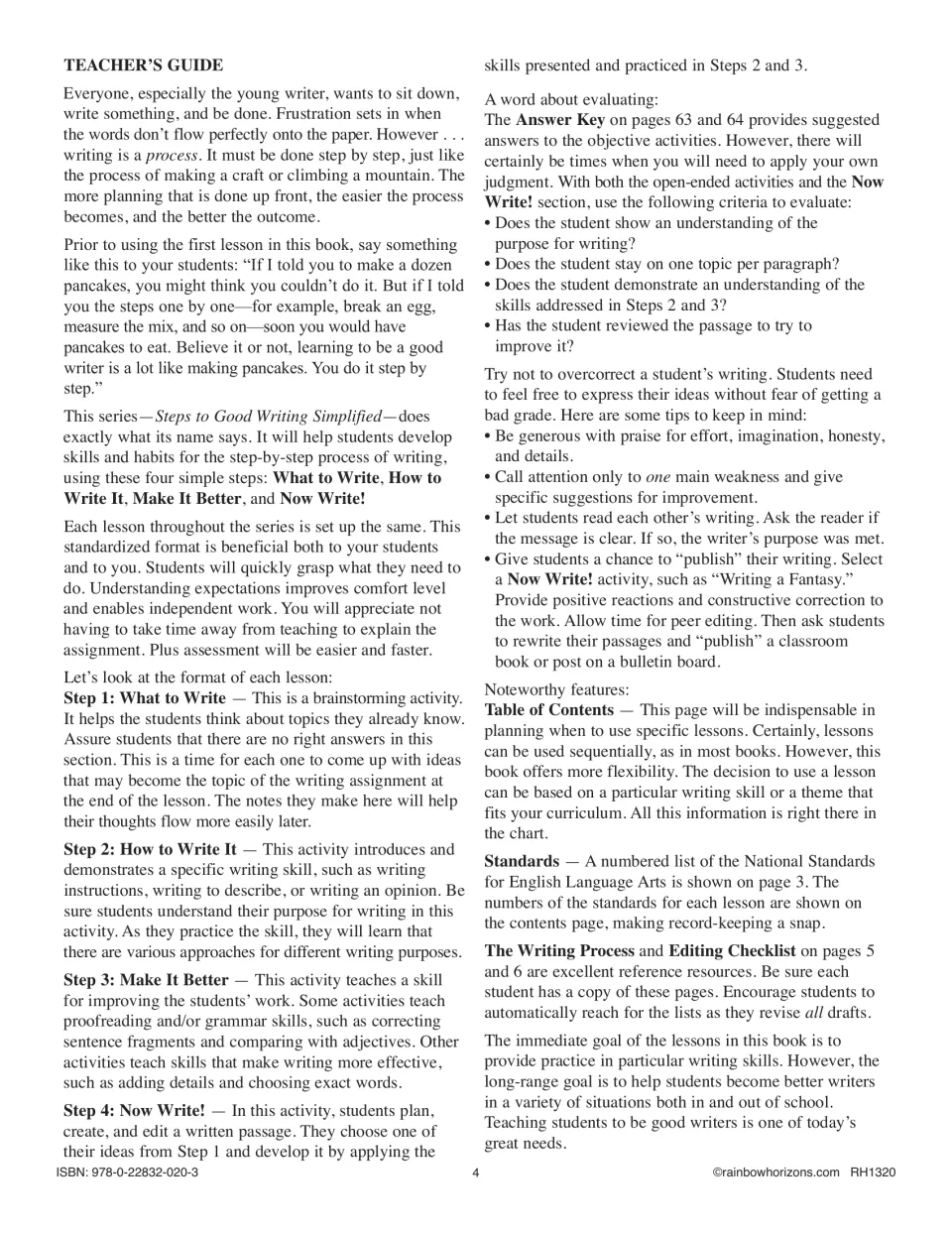 Teacher's guide to the four lesson steps, What to Write to Now Write!, with tips for evaluating student writing