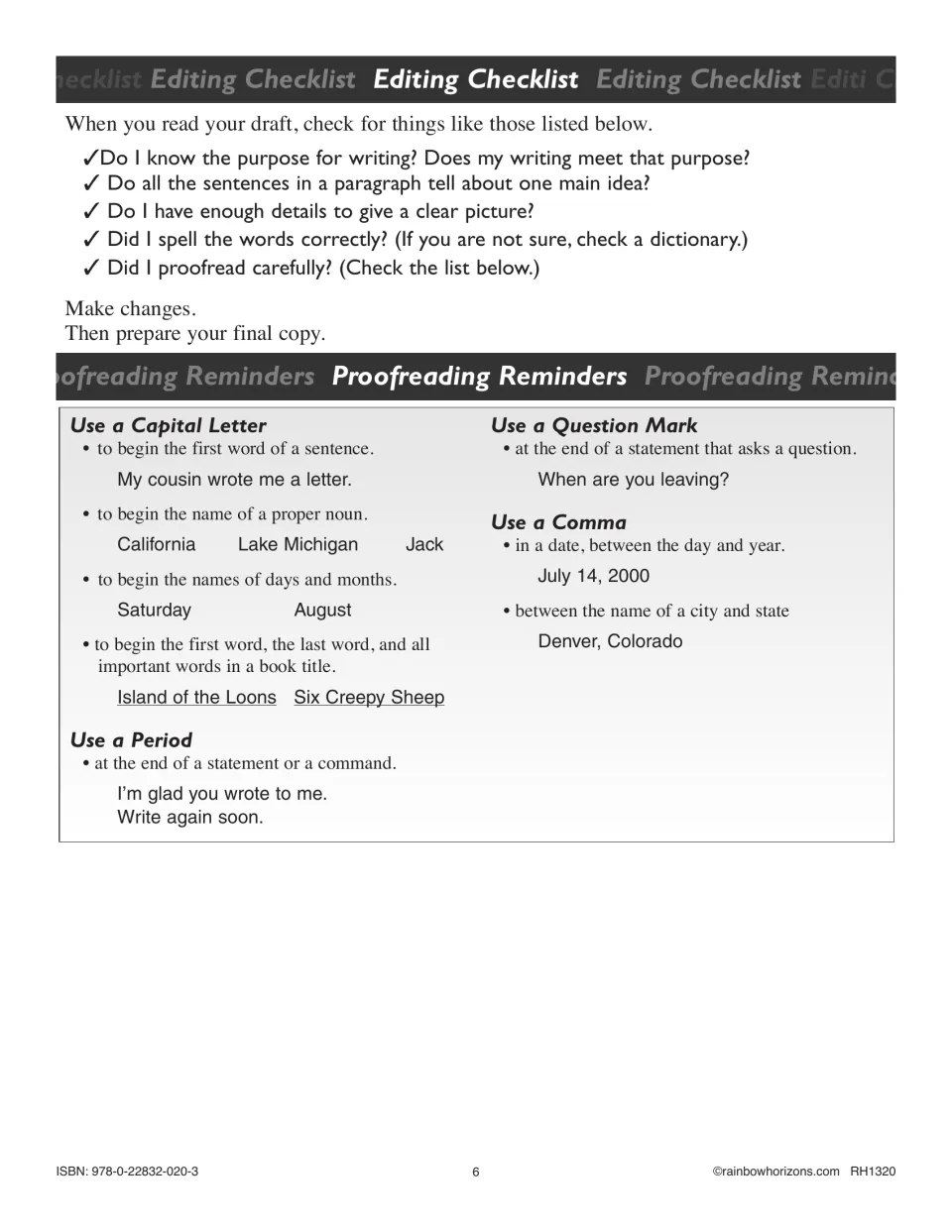 Editing checklist and proofreading reminders on using capital letters, periods, question marks and commas, with examples
