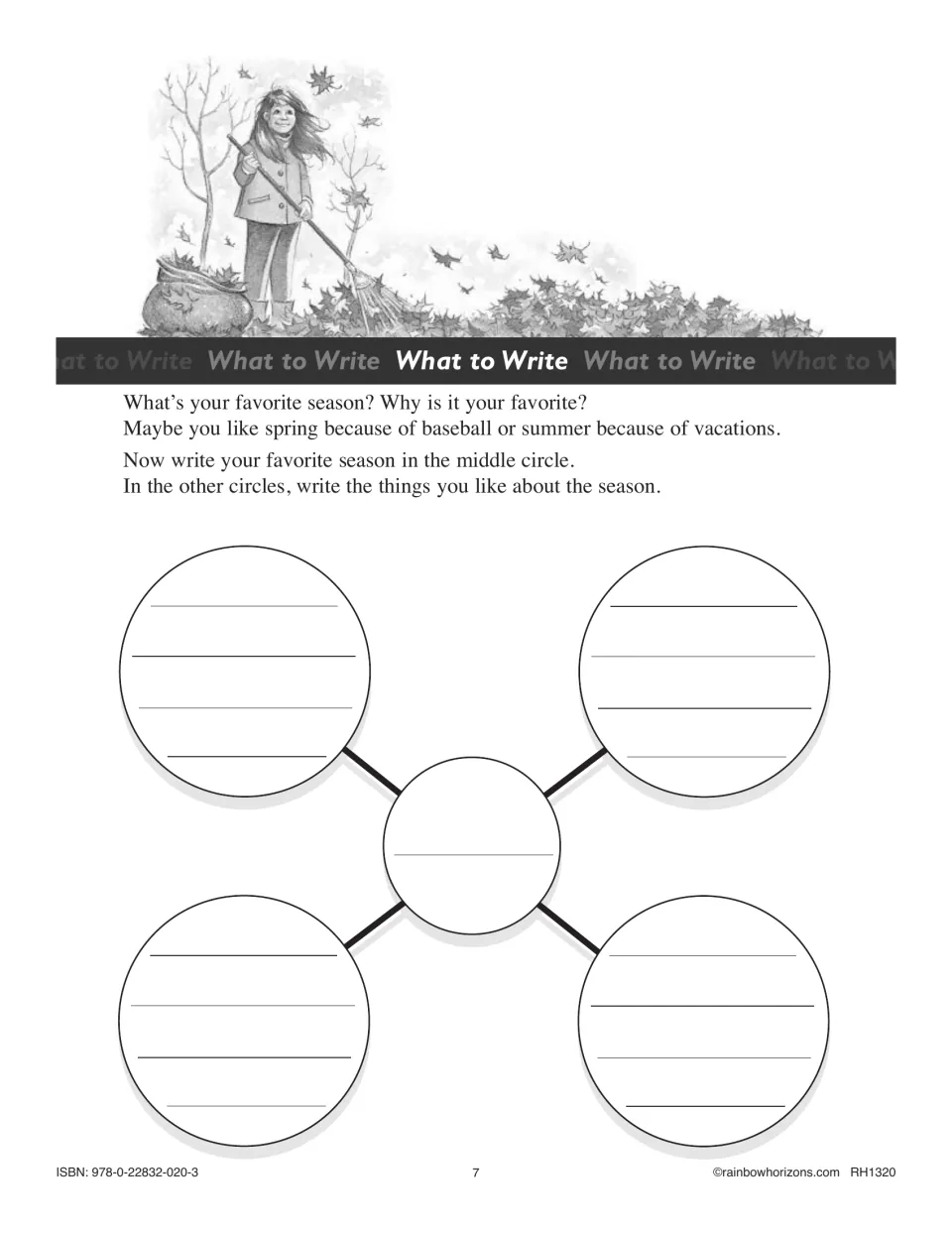 Seasons brainstorm: students write a favorite season in the center circle and four things they like around it