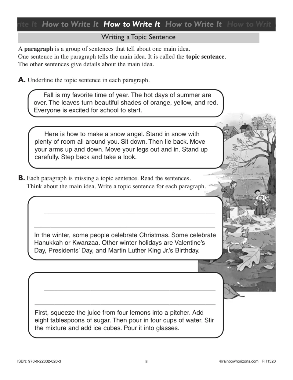 Writing a topic sentence: students underline it in two paragraphs, then write one for two paragraphs missing it