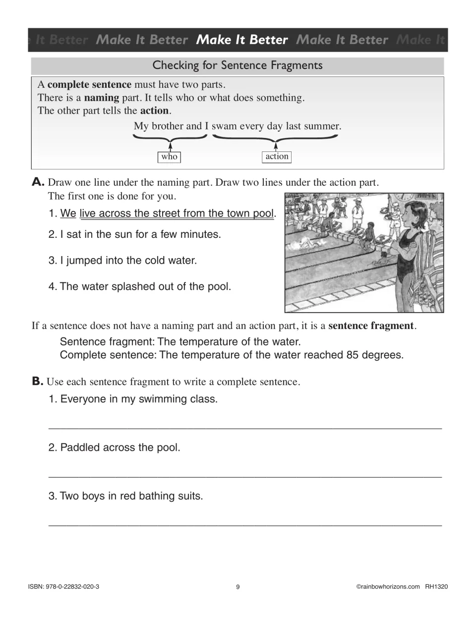 Sentence fragments: students mark naming and action parts of swimming-pool sentences, then complete three fragments