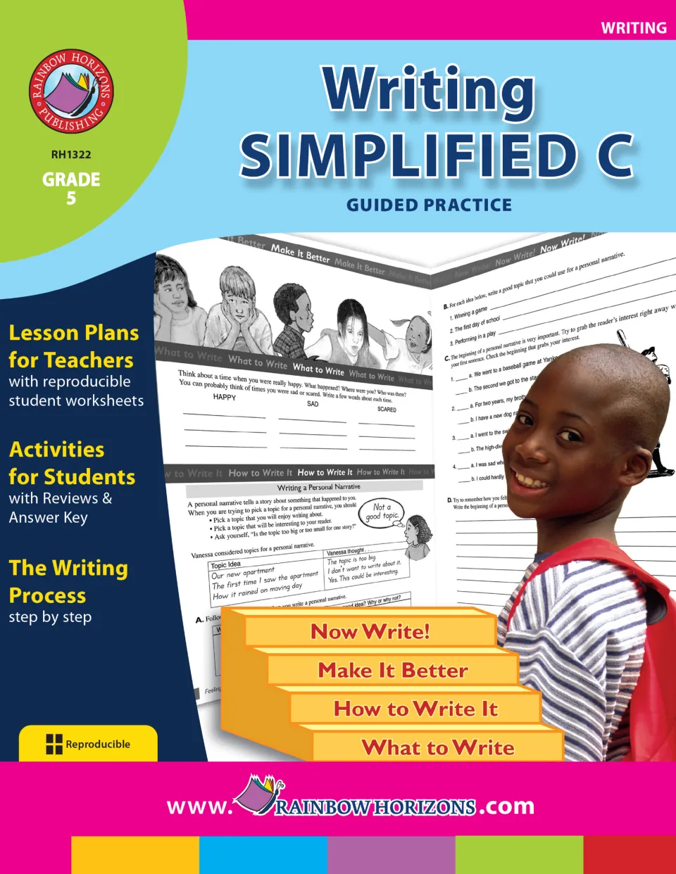 Writing Simplified C - Guided Practice cover identifies grade 5 lessons, reproducible worksheets, and an answer key
