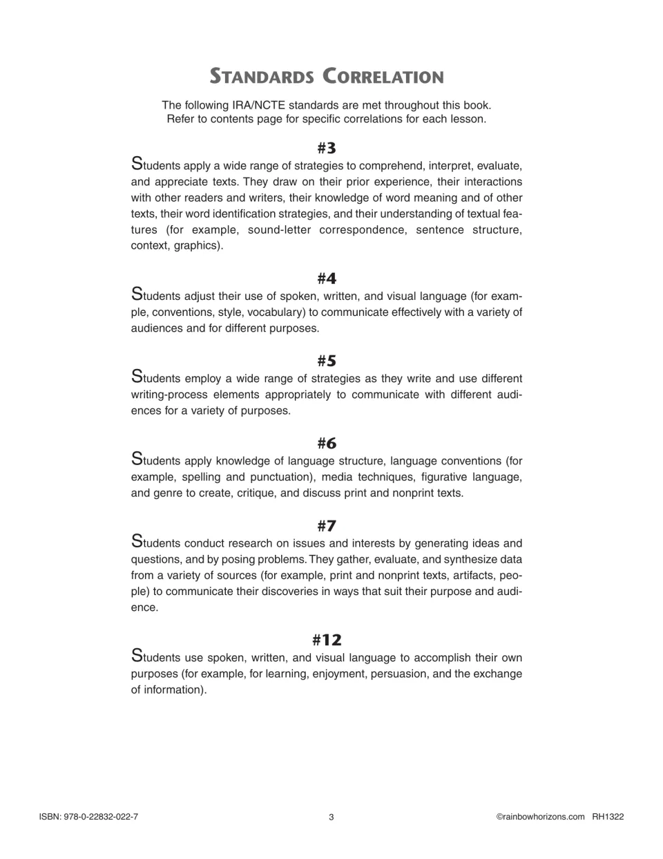 Standards correlation reference lists IRA/NCTE standards 3, 4, 5, 6, 7, and 12 addressed throughout the book