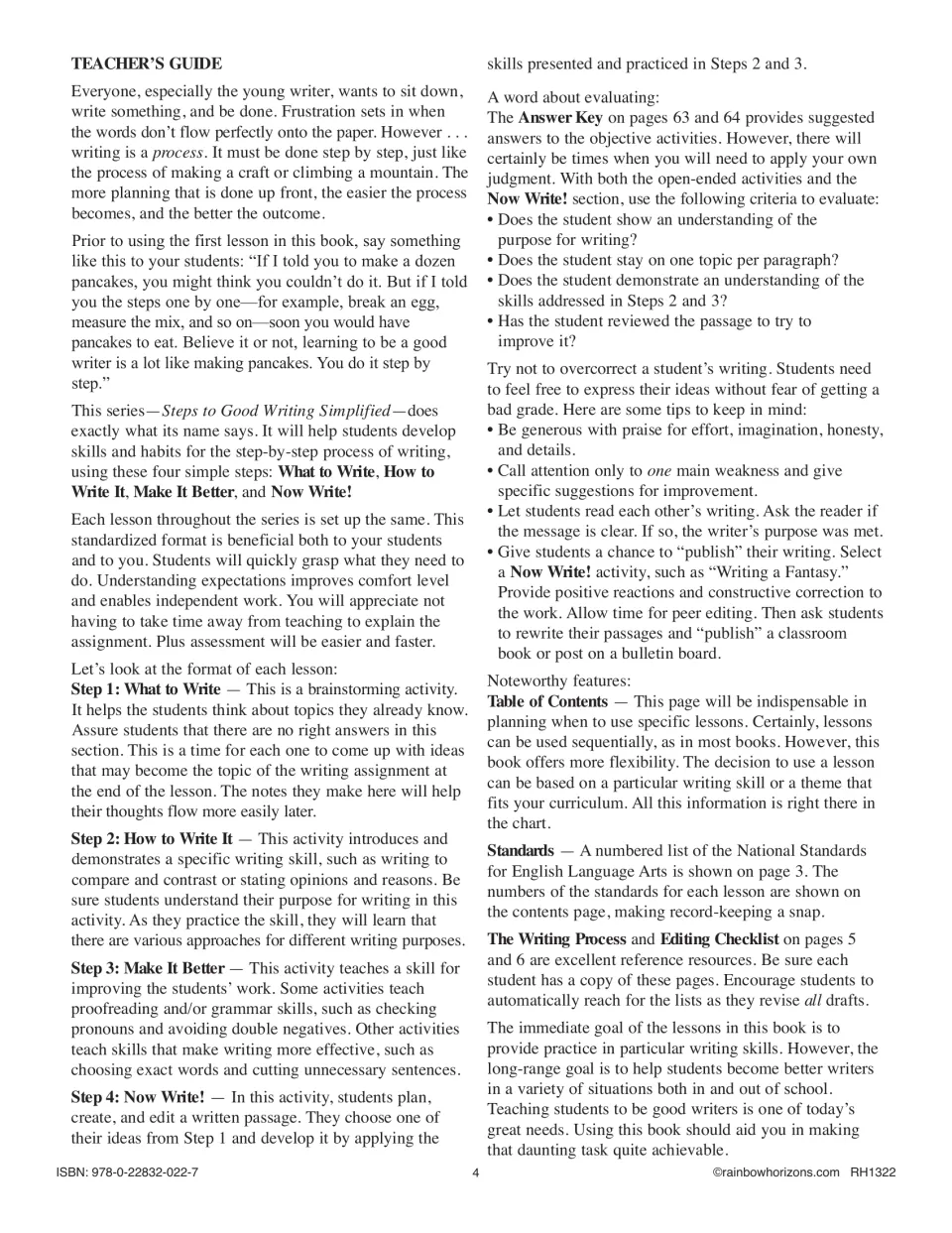 Teacher's guide explains the four lesson steps, evaluating student writing, peer editing, and book references