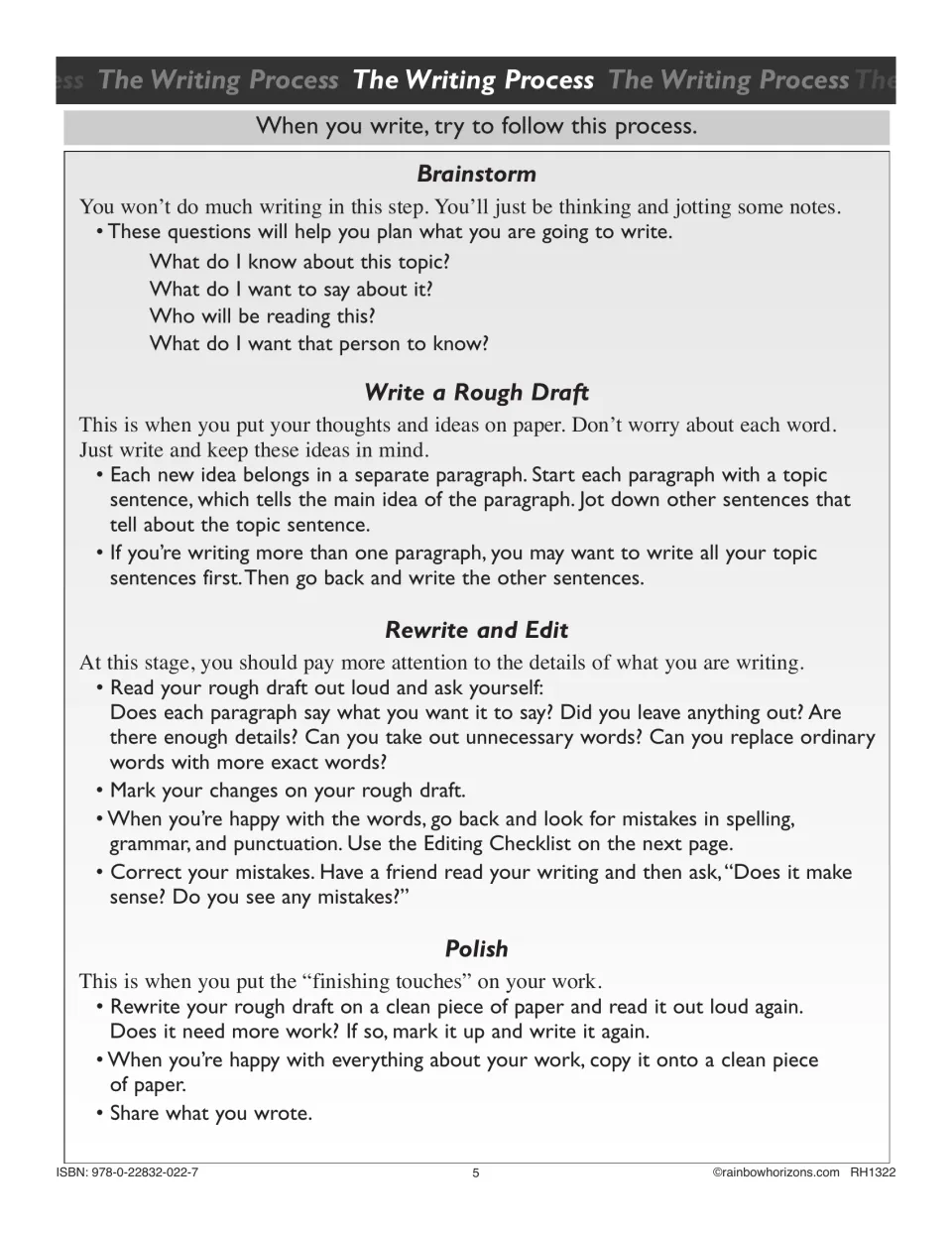 Writing process reference guides students through brainstorming, writing a rough draft, editing, and polishing