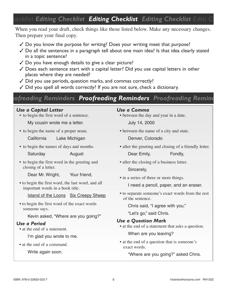 Editing checklist reviews purpose, main ideas, details, and spelling, with capitalization and punctuation reminders
