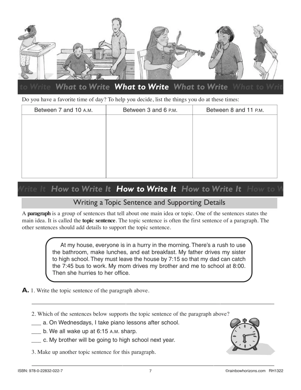 Lesson 1 begins with favorite-time-of-day brainstorming and practice identifying topic sentences and details
